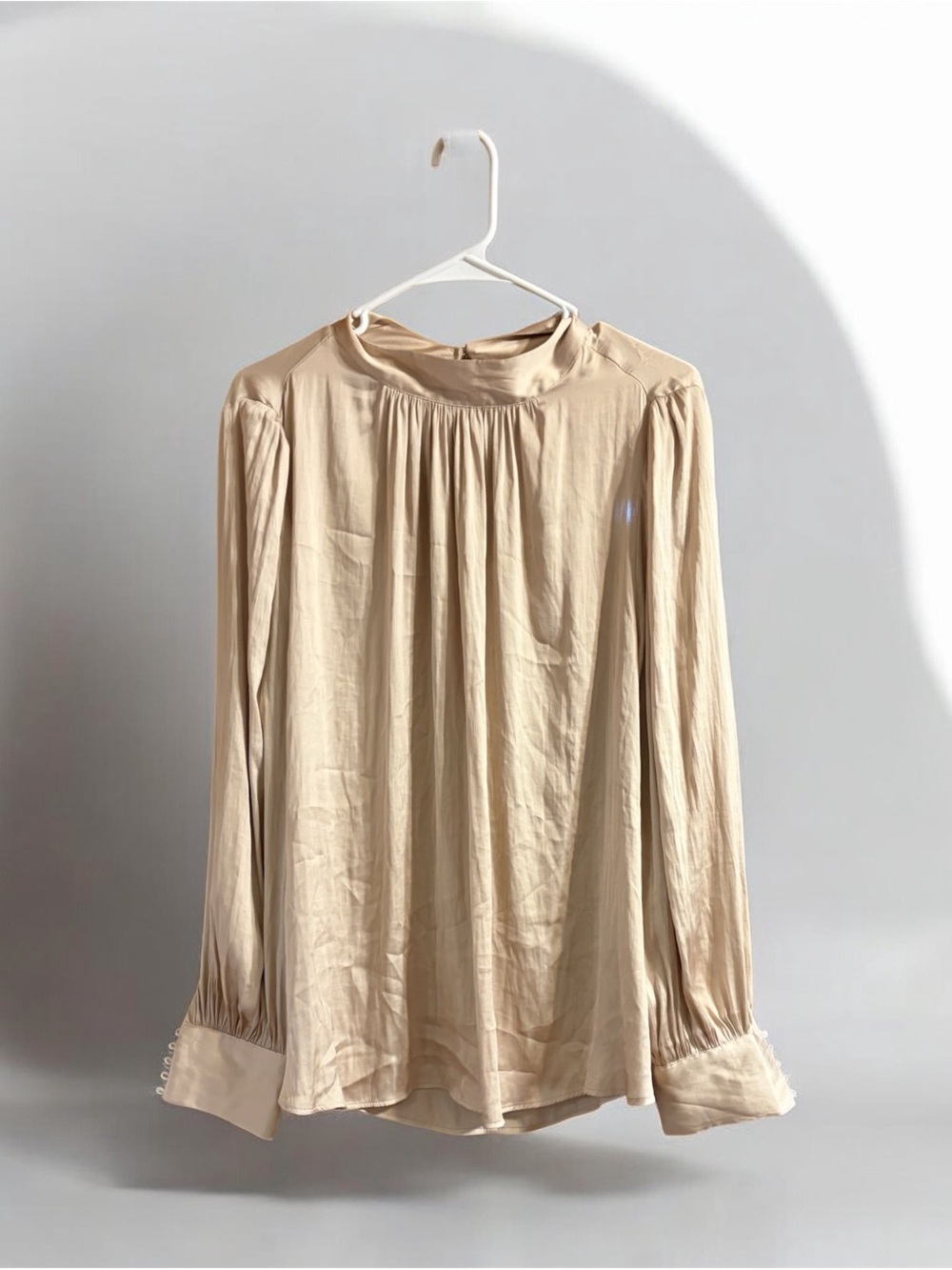H&M Cream Pleated High-Neck Long-Sleeve Blouse